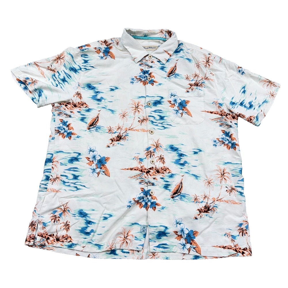 Tommy Bahama Shirt Men XL Tan Blue Silk Floral Button Up Camp Beach Hawaiian